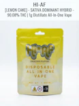 Lemon Cake - Sativa Dominant Hybrid - 90.08% THC | 1g Distillate All-In-One Vape | Hi-AF - RR6 FRONT