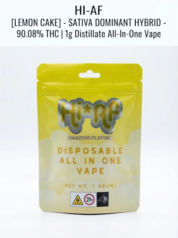 Hi*AF - Lemon Cake - Sativa Dominant Hybrid - 90.08% THC | 1g Distillate All-In-One Vape | Hi-AF - RR6 FRONT