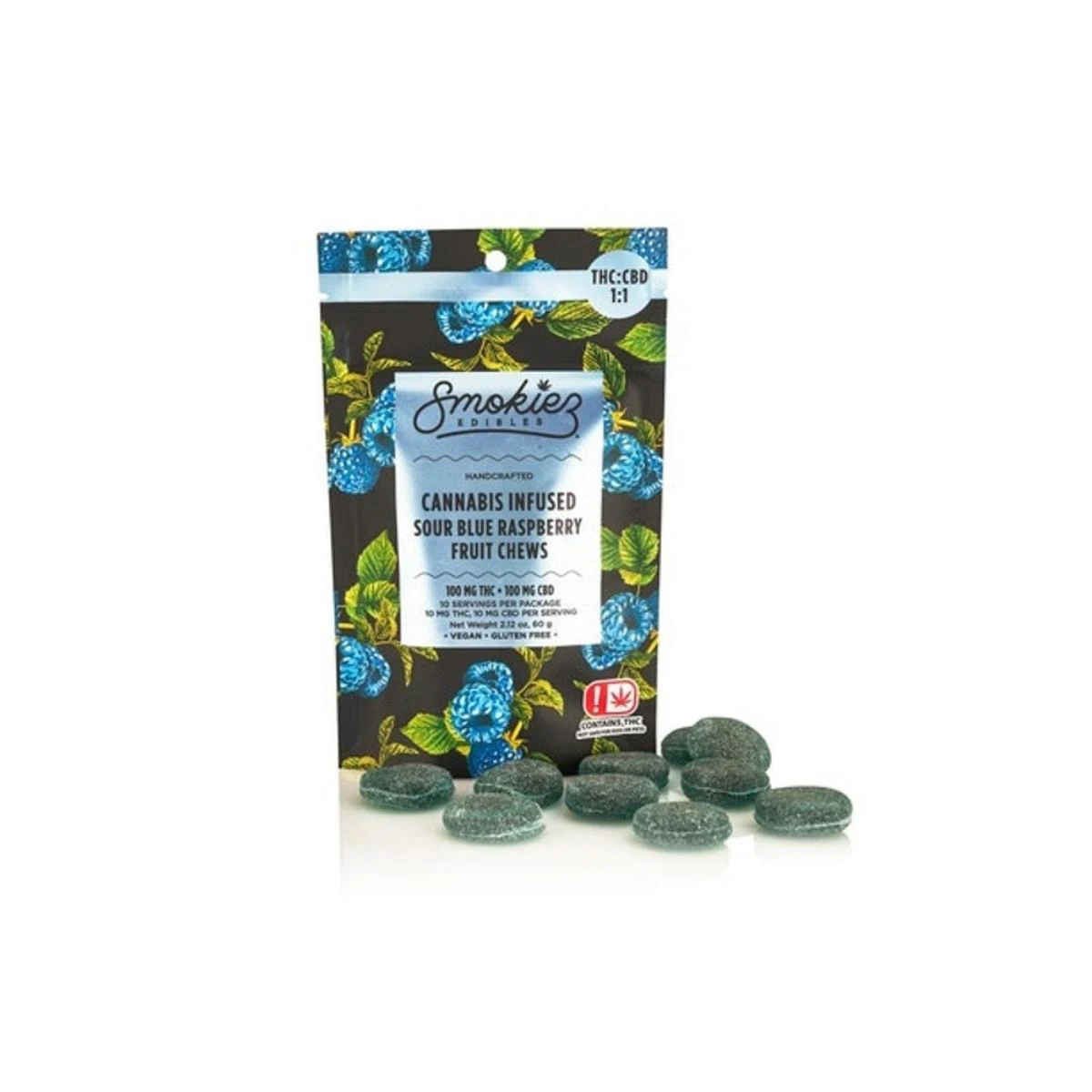 SMOKIEZ - Sour Blue Raspberry | Fruit Chews 100mg 1:1 THC:CBD |  Smokiez  Main Image