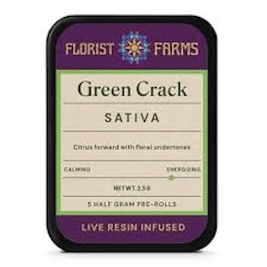 FLORIST FARMS - PRE-ROLLFLF-5PK-INF-GREENCRACK: FLORIST FARMS / LIVE RESIN INFUSED / GREEN CRACK / 1/2 GRAM JOINT / 5PK