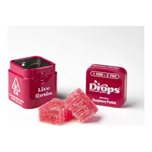 Drops | Raspberry | 1:2 CBD:THC | Strain-Specific Live Rosin Infused Jellies | 2pc | 100mg