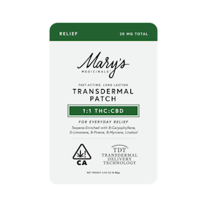 MARY'S MEDICINALS - Mary's Relief 1:1 CBD:THC Transdermal Patch 20mg