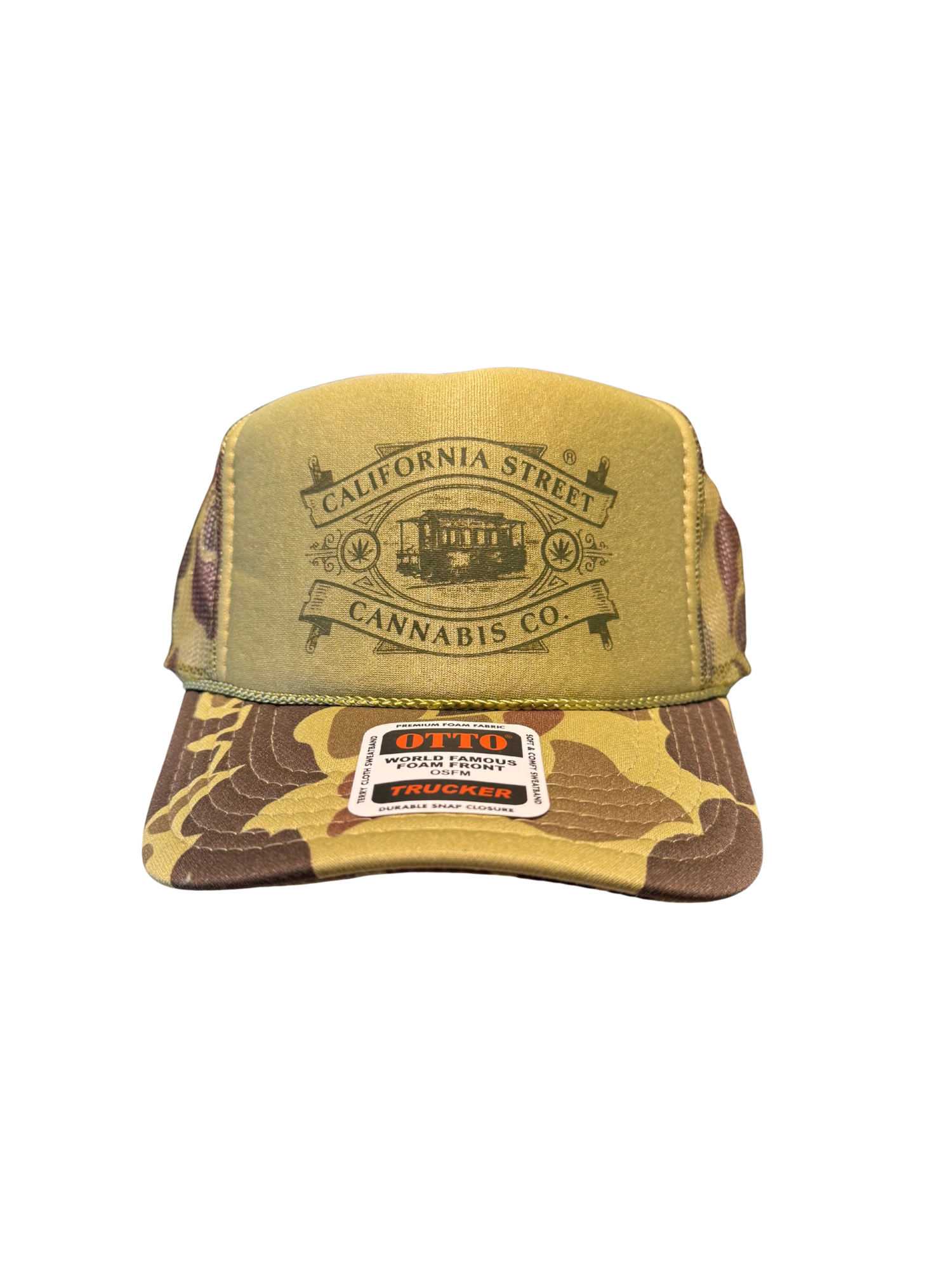 CALIFORNIA STREET CANNABIS CO - California St Trucker Hats (Camo w/ Olive Logo) Main Image