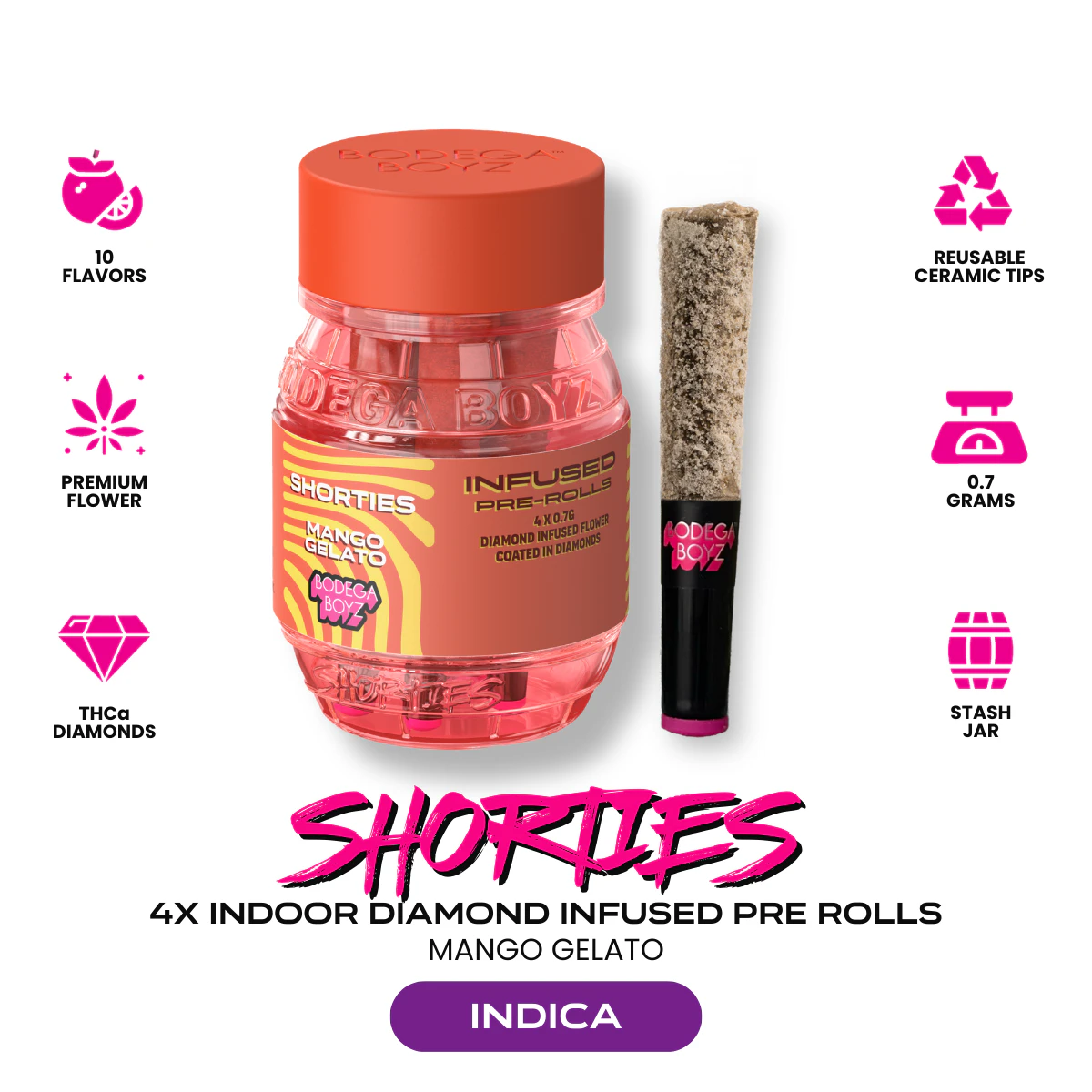 Bodega Boyz - Bodega Boyz | Mango Gelato | Shorties Diamond Coated & Infused Preroll | 0.7g | 4 Ceramic Tip Pack | Indica Main Image
