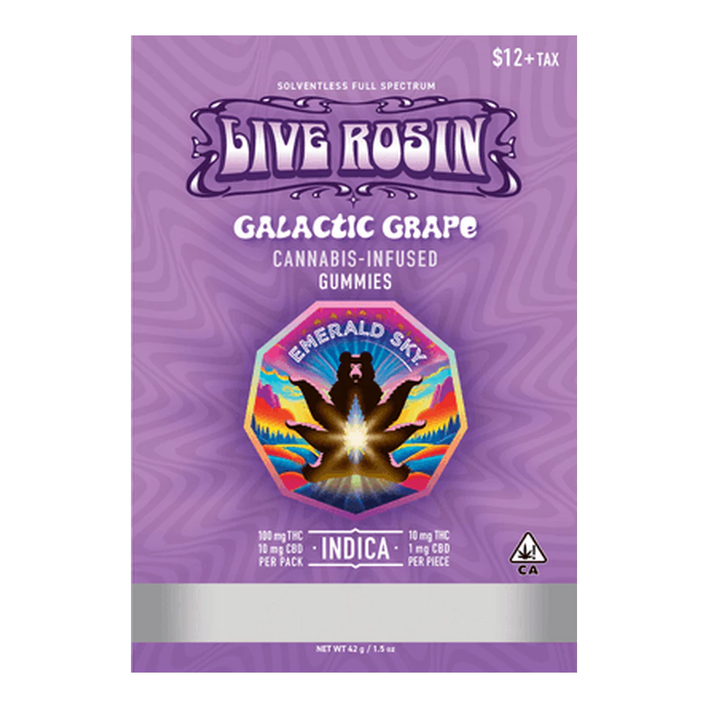 Emerald Sky - Emerald Sky | Galactic Grape | Solventless Full Spectrum Live Rosin Gummies | 100mg Main Image