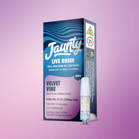 Jaunty - Velvet Vine -Indica- 71.50% THC | 0.5g Live Rosin Full Spectrum Oil (Cartridge) | Jaunty      -o1 middle