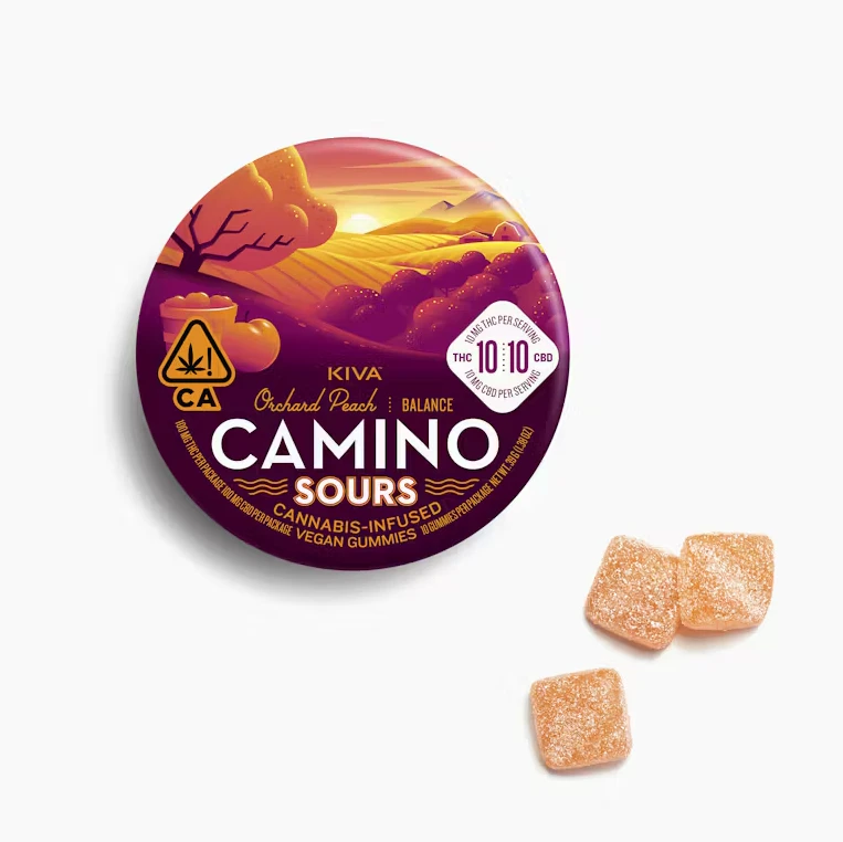 Kiva Confections - Kiva - Camino Sours - Hybrid - 1:1 Orchard Peach "Balance" - 10pk - Gummies - (100mg THC/100mg CBD) Main Image