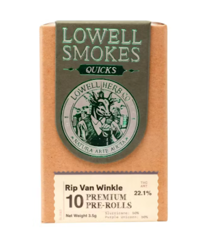 Lowell Smokes - Rip Van Winkle -Indica- 21.50% THC | Quicks Premium Pre-Rolls, 10pk 3.5g | Lowell Smokes       -k12 back