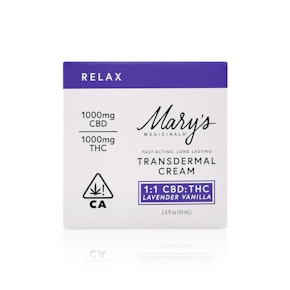 MARY'S MEDICINAL - Topical - Relax - Vanilla Lavender - 1:1 CBD: THC - Transdermal Cream - 1000MG