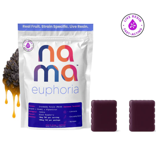 nama - Grandaddy Purple -Indica- 100mg 10 Pack Black Raspberry Euphoria Live Resin Gummies (Edibles) | nama         -m6 back