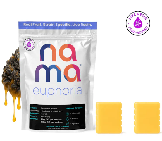 nama - Permanent Marker -Hybrid- 100mg 10 Pack Nectarine Euphoria Live Resin Gummies (Edibles) | nama      -o6 front