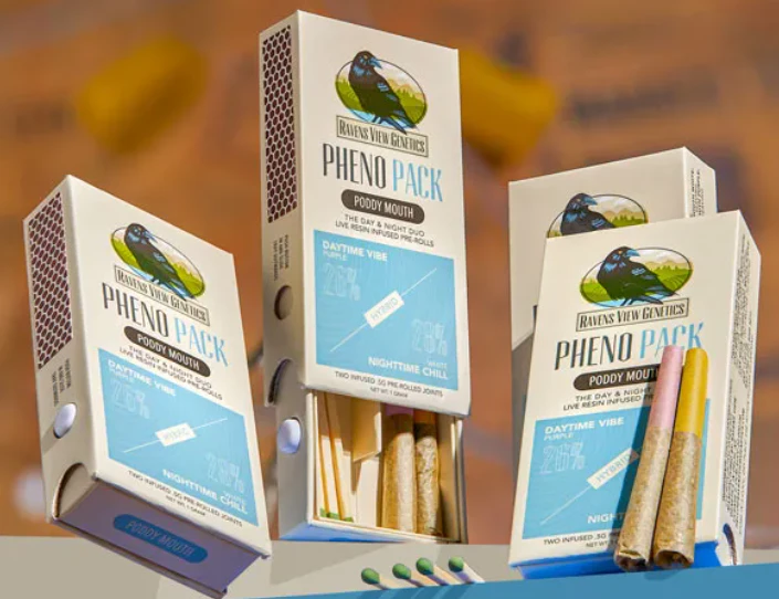 Ravens View - Raven's View - Poddy Mouth Pheno Pack- Live Resin Infused .5g preroll 2pk. Main Image