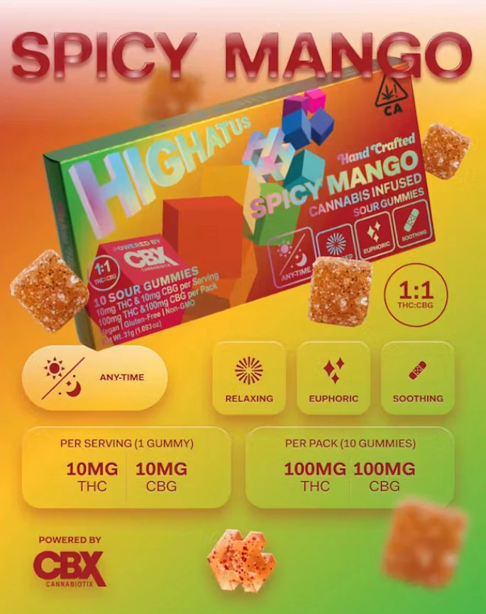 CBX: Cannabiotix - CBX - Highatus - Spicy Mango - 100mg THC/100mg CBG Sour Gummies - 10pk Main Image