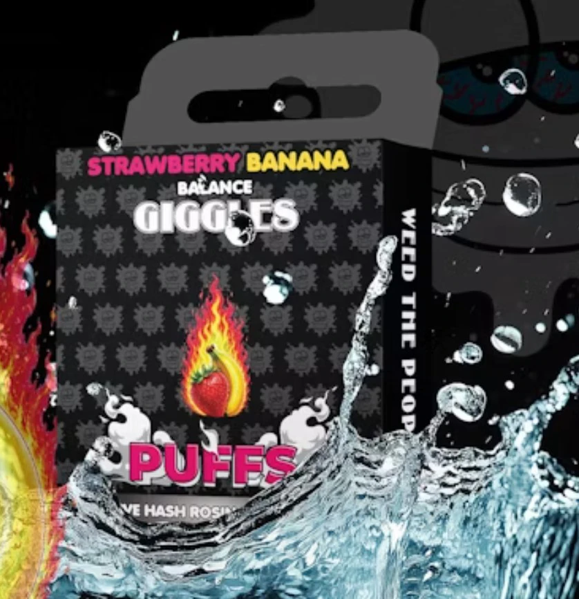 Giggles - Giggles Puffs-Live Hash Rosin- Strawberry Banana-Hybrid-1g 510 cart-91.90% THC Main Image