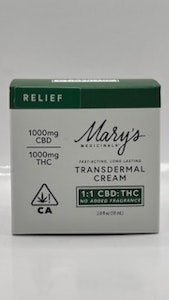 MARY'S MEDICINALS - 1:1 CBD:THC 2000mg Fragrance Free Transdermal Cream - Mary's Medicinal