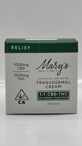 Mary's Medicinals  - 1:1 CBD:THC 2000mg Fragrance Free Transdermal Cream - Mary's Medicinal