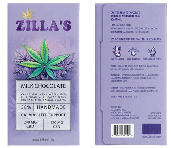 ZILLAS - Zilla's - CBD + CBN Chocolate Bar Calm & Sleep Support 240mg CBD + 120mg CBN Main Image