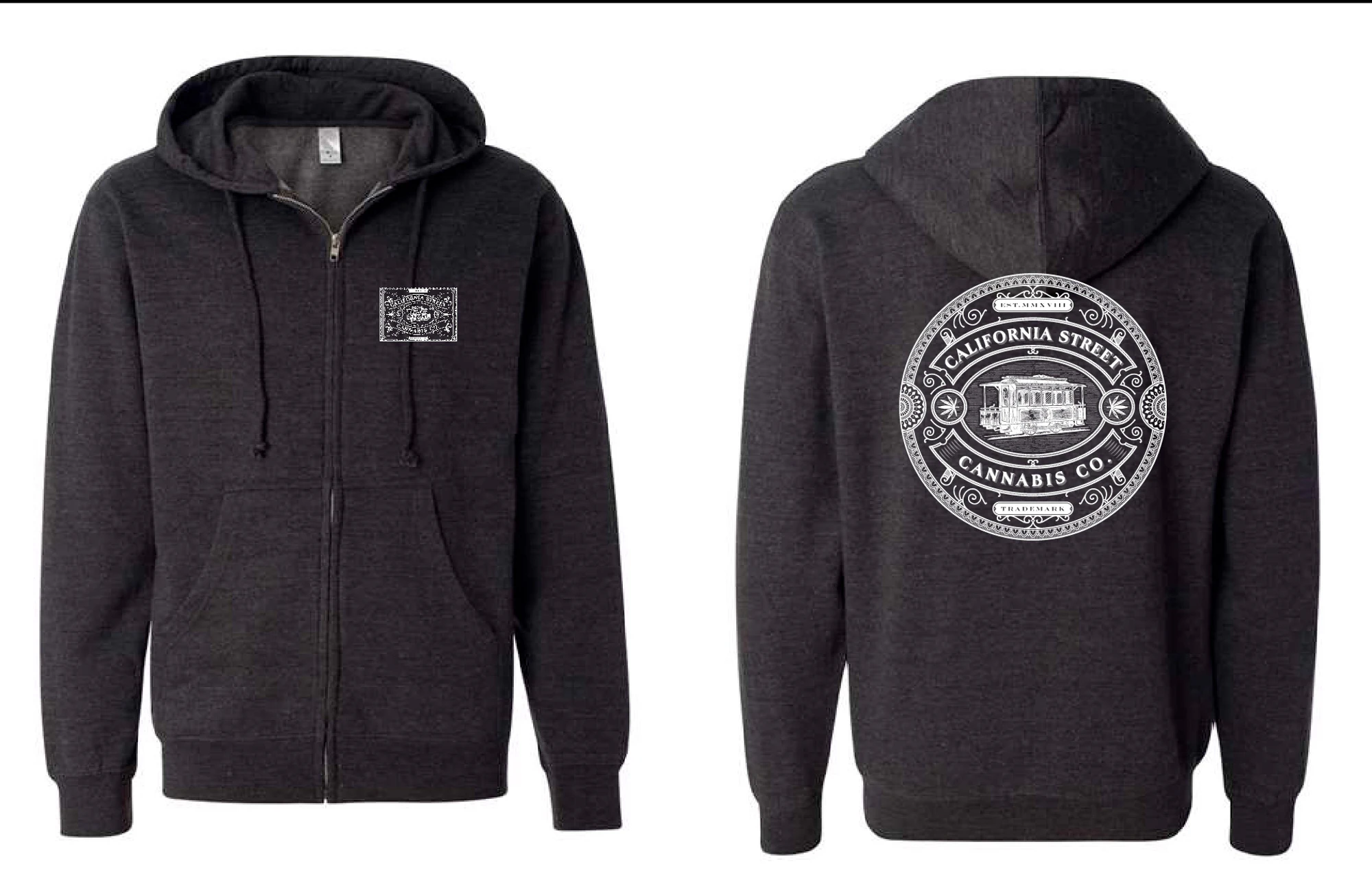 CALIFORNIA STREET CANNABIS CO - CSCC - Full Zip Hoodie - Heather Charcoal Black (White Logo) - Large Main Image