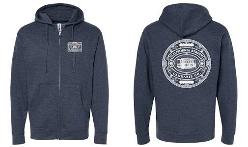 CALIFORNIA STREET CANNABIS CO - CSCC - Full Zip Hoodie - Heather Navy (White Logo) - XL