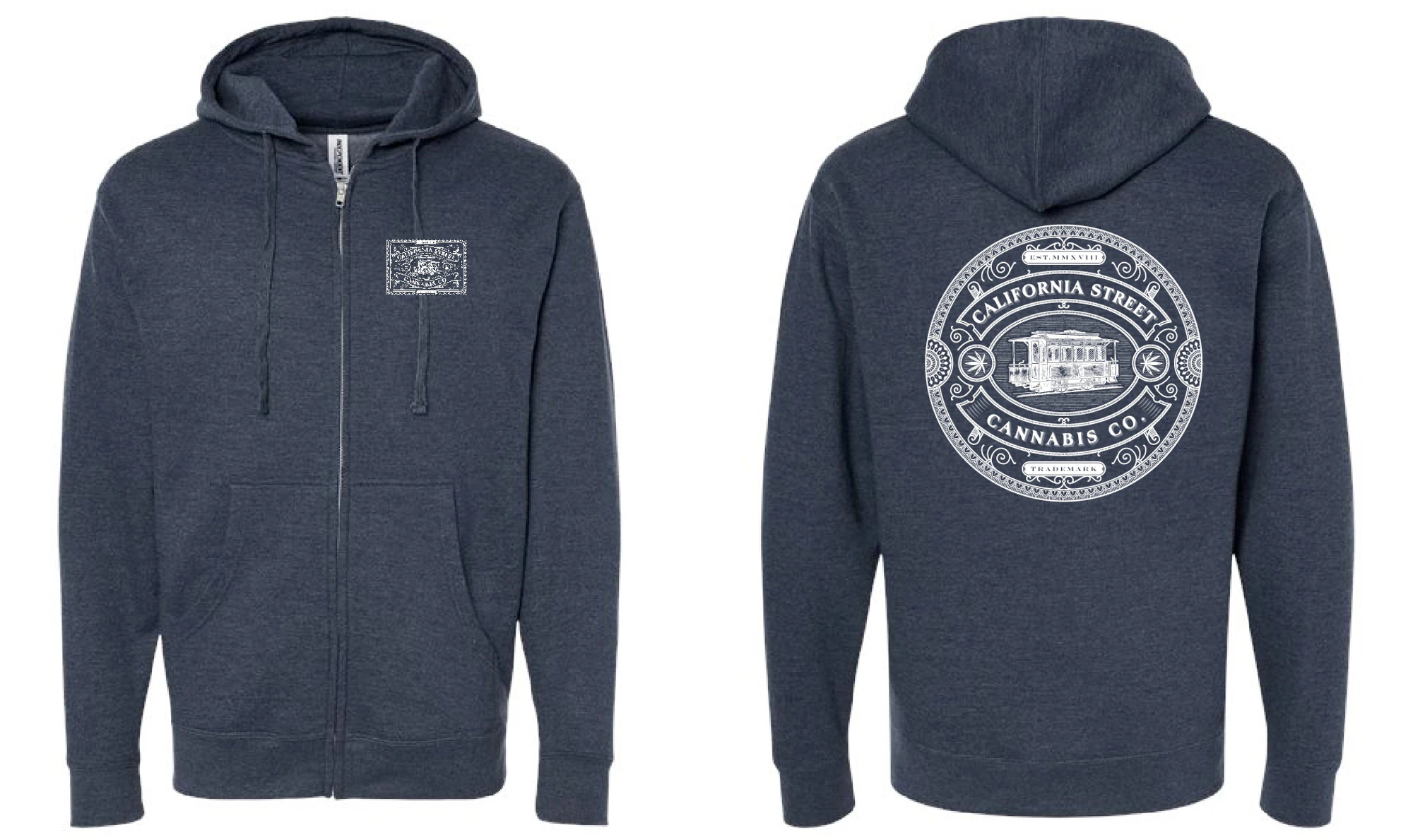 CALIFORNIA STREET CANNABIS CO - CSCC - Full Zip Hoodie - Heather Navy (White Logo) - XL Main Image
