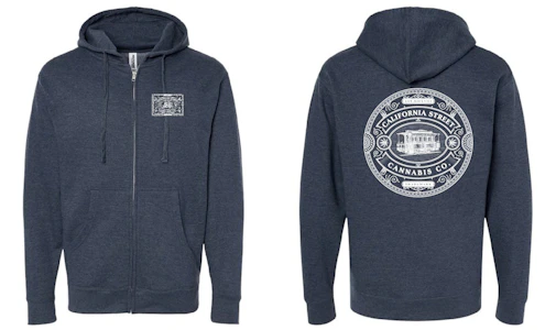 CALIFORNIA STREET CANNABIS CO - CSCC - Full Zip Hoodie - Heather Navy (White Logo) - Small